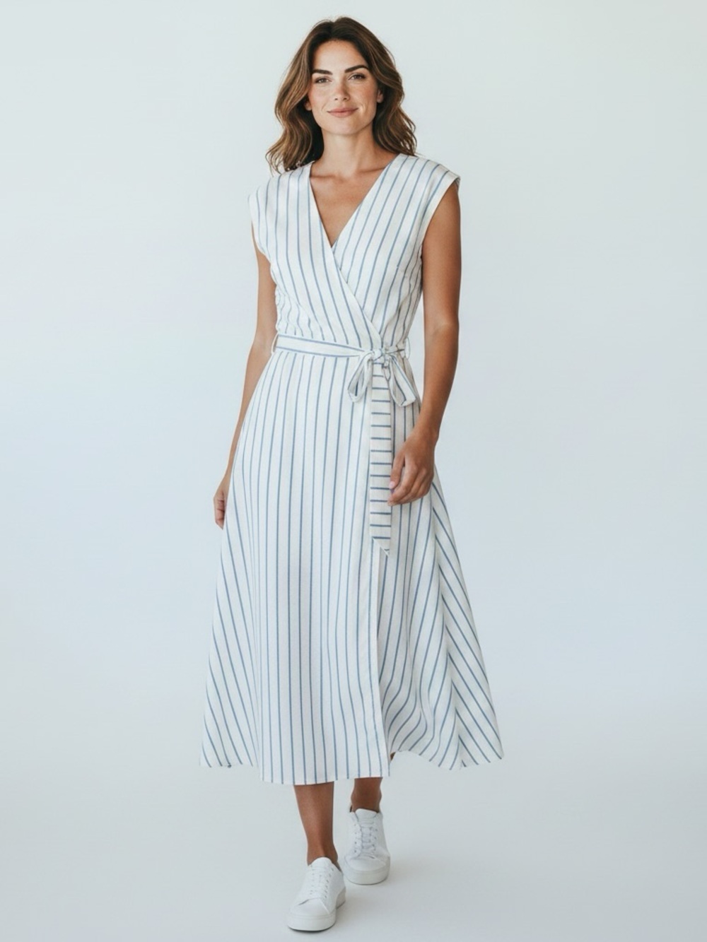 New Calvin Klein Sleeveless White Stripe Wrap Midi Dress retail $149 size 14W
